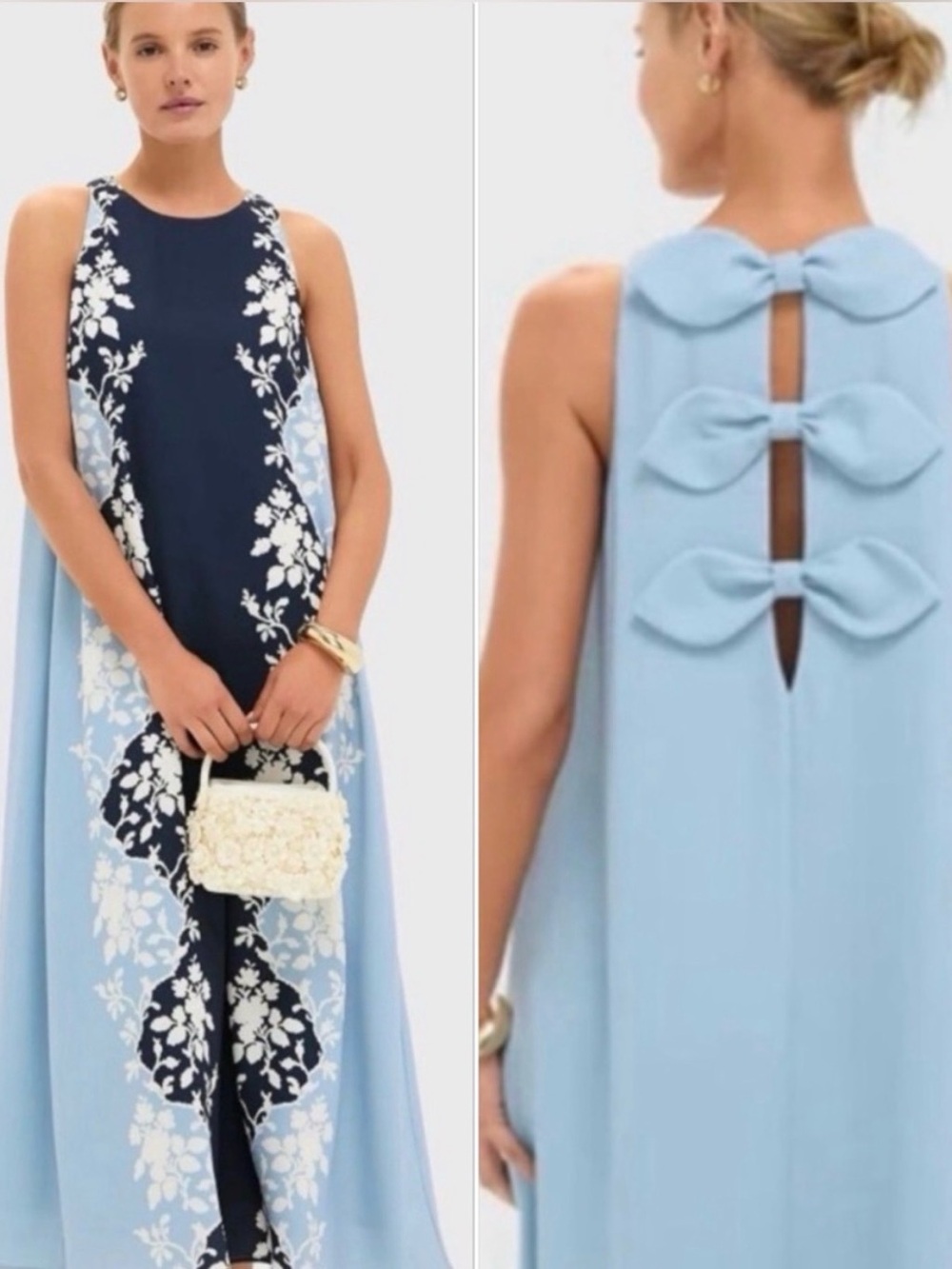 Tuckernuck Light Blue and Navy Floral Maxi Dress with Back Bow Details